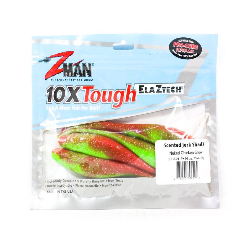 Zman Soft Lure Jerk ShadZ Scented 7 Inch 4/Pack Nuked Chicken Glow (2222)