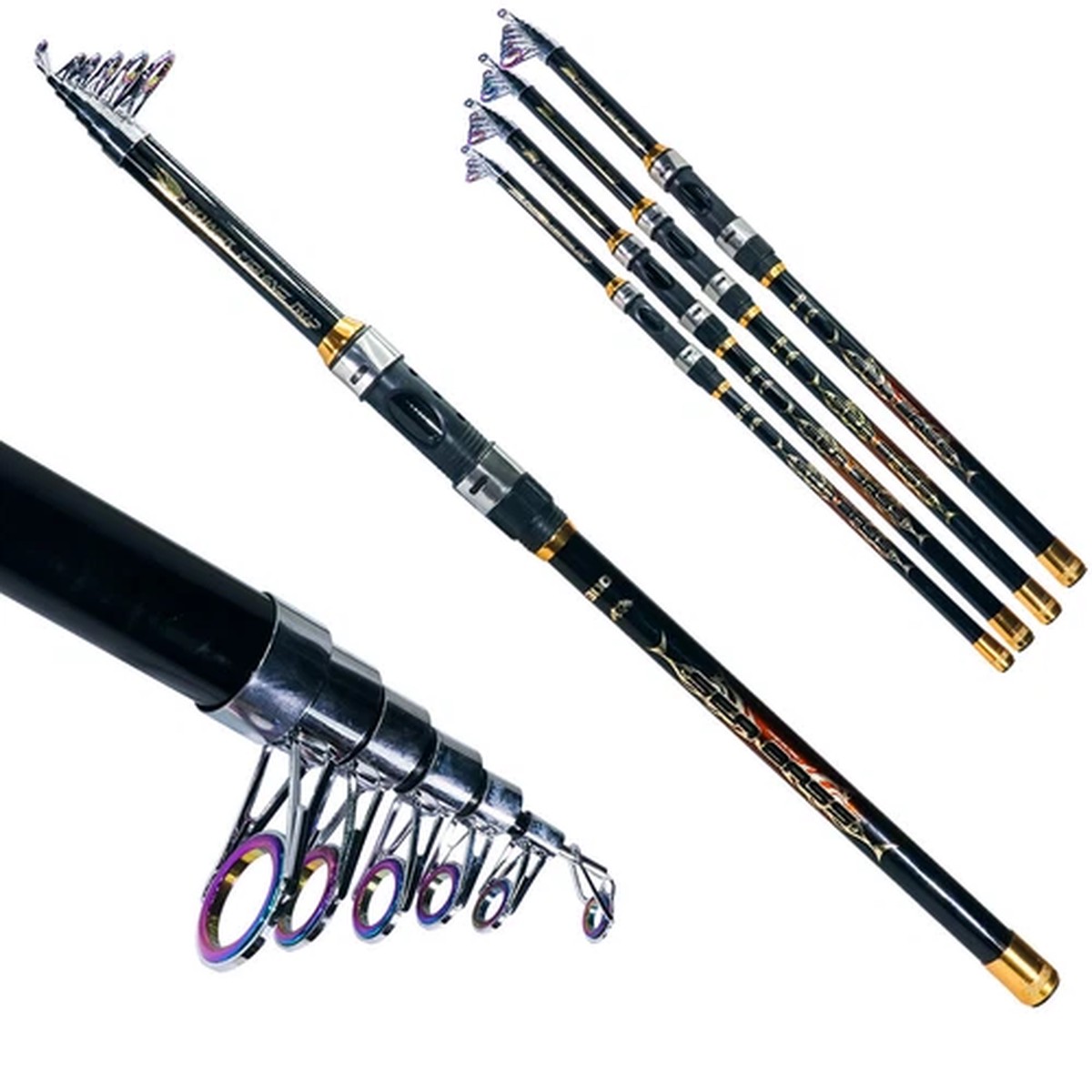 Telescopic Graphite Fishing Rod Travel Spinning Pole Professional Portable Black